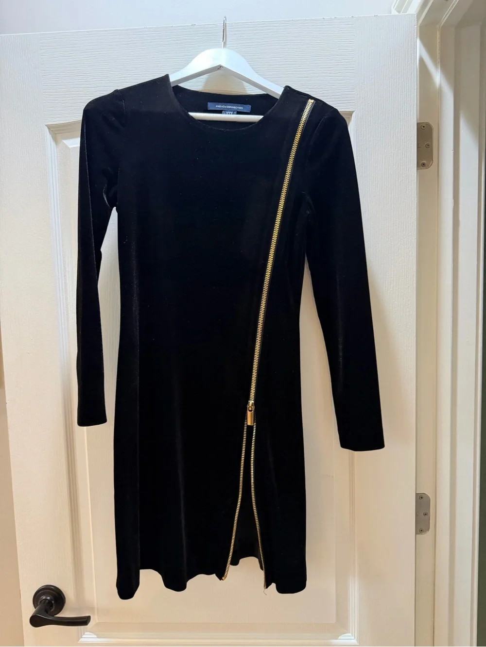 French Connection Black Velvet Long-Sleeve Dress with Diagonal Gold Zip